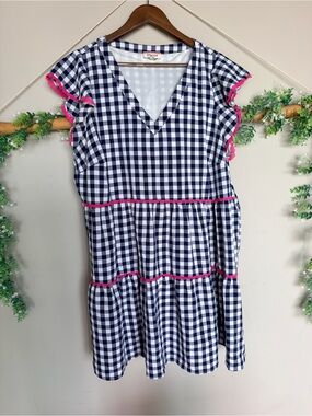 ANDREE BY UNIT Navy and Hot Pink Gingham Tiered Dress | size 1X